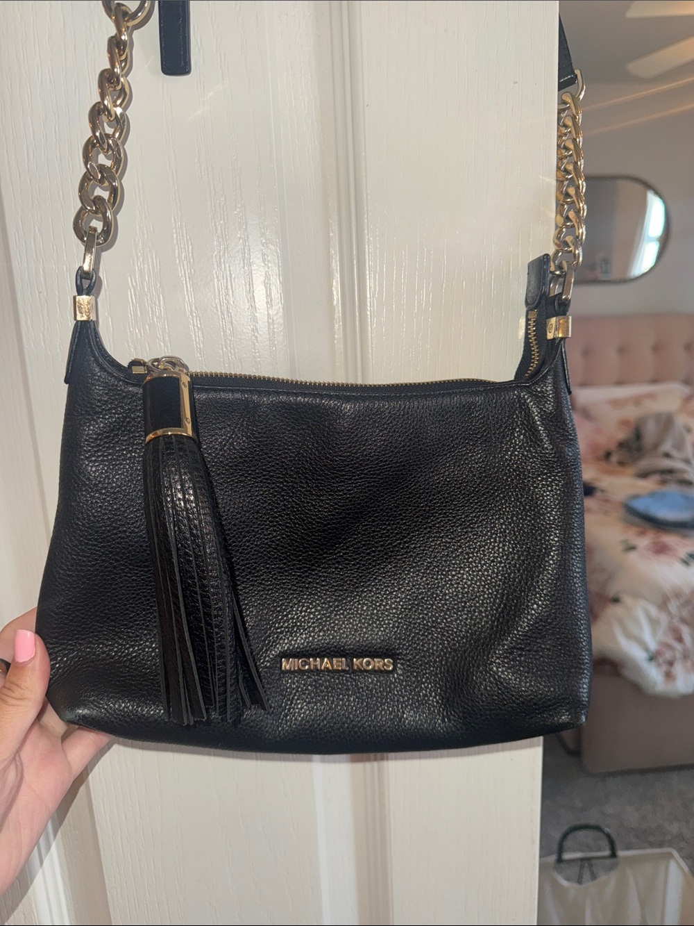 Michael Kors Black Pebbled Leather Crossbody Bag with Gold Hardware